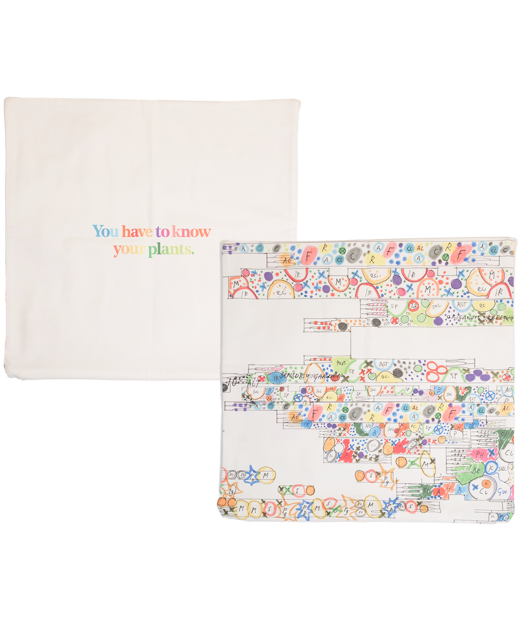 Front and back of Piet Oudolf Pillow Case. The front features a composite of some of Piet Oudolf's illustrated garden plans for the High Line, and the back features the quote "You have to know your plants" in multicolor letters.