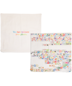 Front and back of Piet Oudolf Pillow Case. The front features a composite of some of Piet Oudolf's illustrated garden plans for the High Line, and the back features the quote "You have to know your plants" in multicolor letters.
