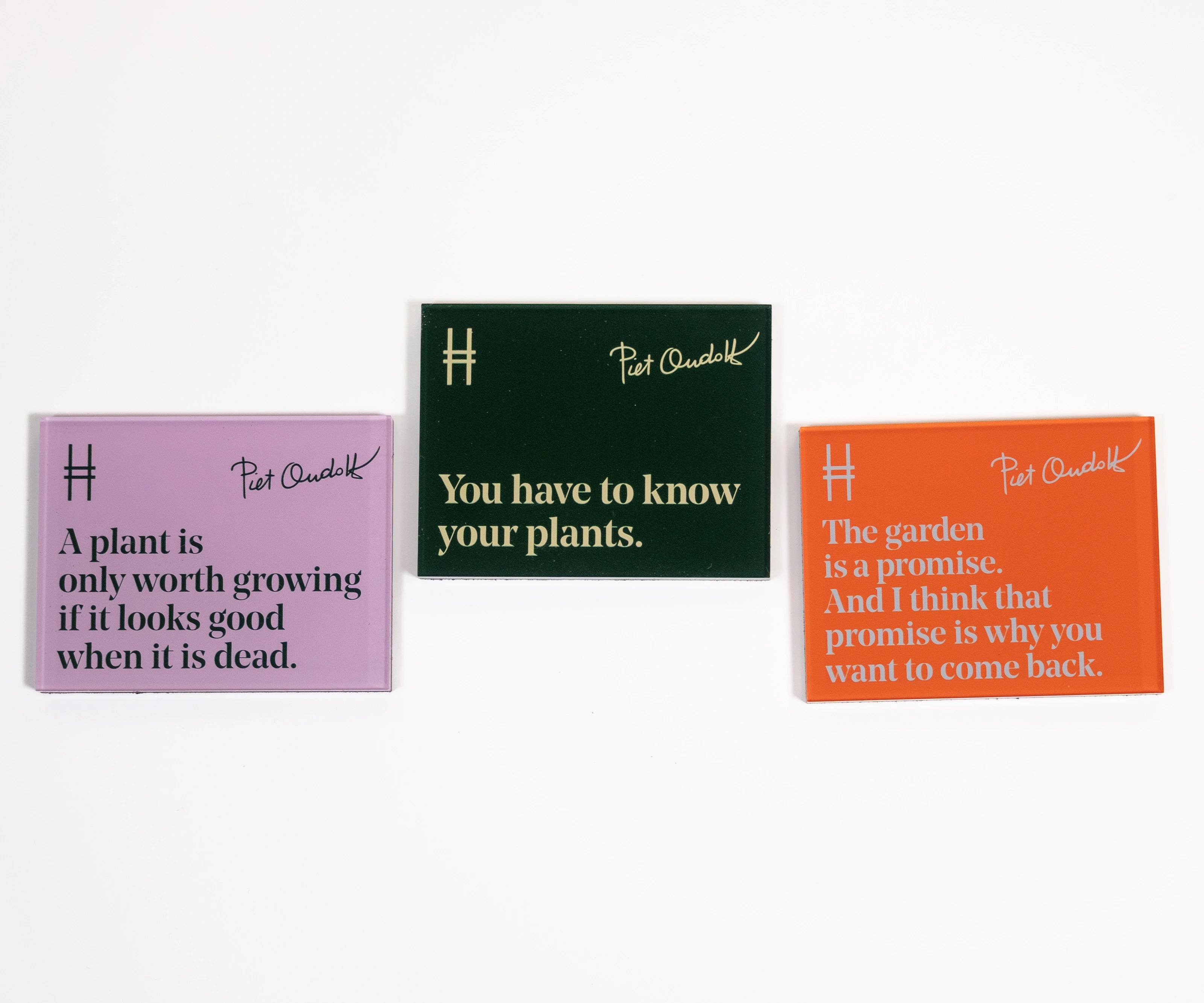 Three acrylic fridge magnets, each with a unique Piet Oudolf quote.