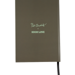 Back of the Piet Oudolf Quote Notebook, which is an olive green with a pale green "Piet Oudolf x High Line."