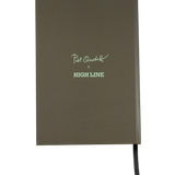Back of the Piet Oudolf Quote Notebook, which is an olive green with a pale green "Piet Oudolf x High Line."