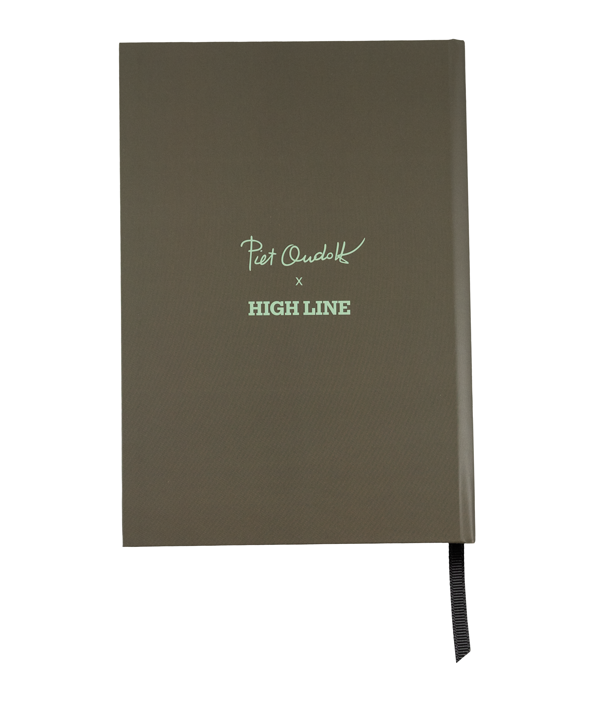 Back of the Piet Oudolf Quote Notebook, which is an olive green with a pale green "Piet Oudolf x High Line."