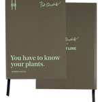 Front and back of the Piet Oudolf Quote Notebook, which is an olive green with pale green text that features the quote "You have to know your plants."