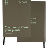 Front and back of the Piet Oudolf Quote Notebook, which is an olive green with pale green text that features the quote "You have to know your plants."