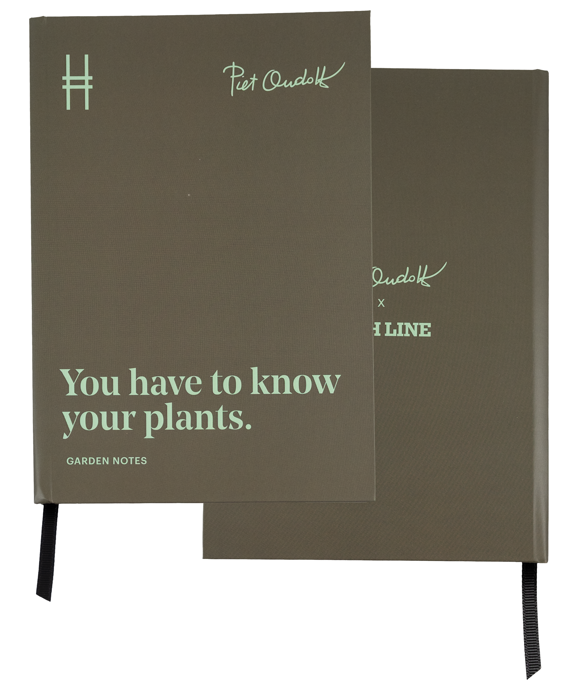 Front and back of the Piet Oudolf Quote Notebook, which is an olive green with pale green text that features the quote "You have to know your plants."