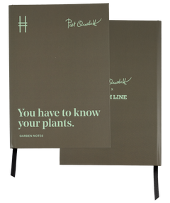 Front and back of the Piet Oudolf Quote Notebook, which is an olive green with pale green text that features the quote "You have to know your plants."