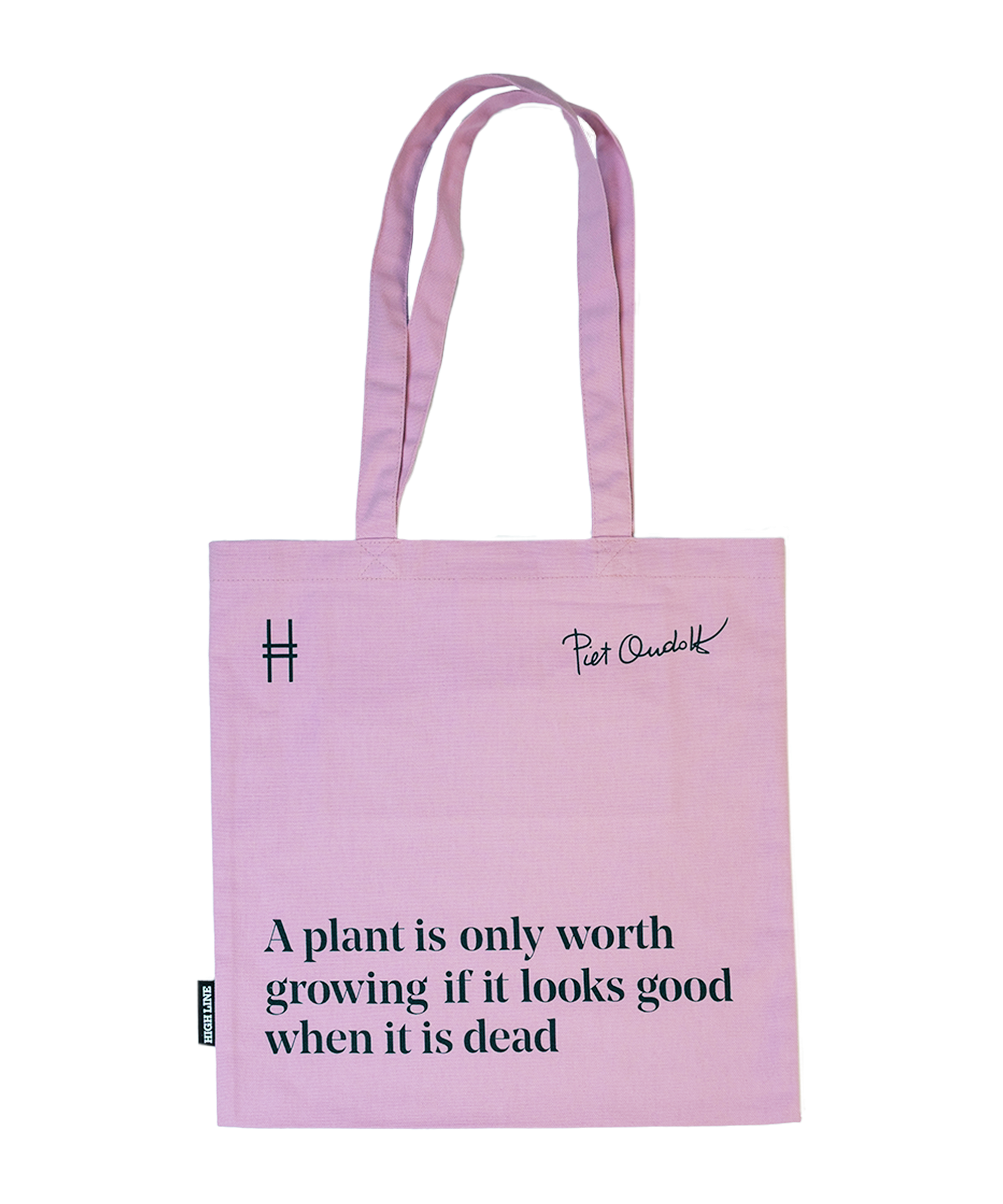 Piet Oudolf Quote Tote in Aster—a pale purple cotton canvas tote bag featuring the quote "A plant is only worth growing if it looks good when it is dead." The quote, Oudolf's signature, and the High Line icon are all in a dark Ivy green.