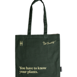 Piet Oudolf quote tote in Ivy, featuring the quote "You have to know your plants."