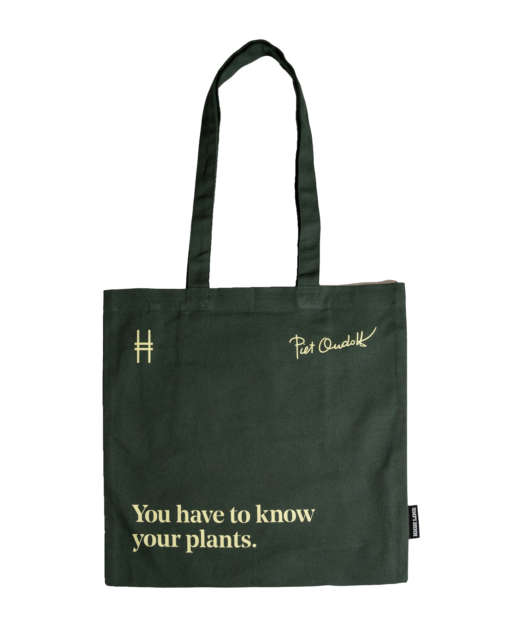 Piet Oudolf quote tote in Ivy, featuring the quote "You have to know your plants."