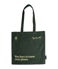 Piet Oudolf quote tote in Ivy, featuring the quote "You have to know your plants."