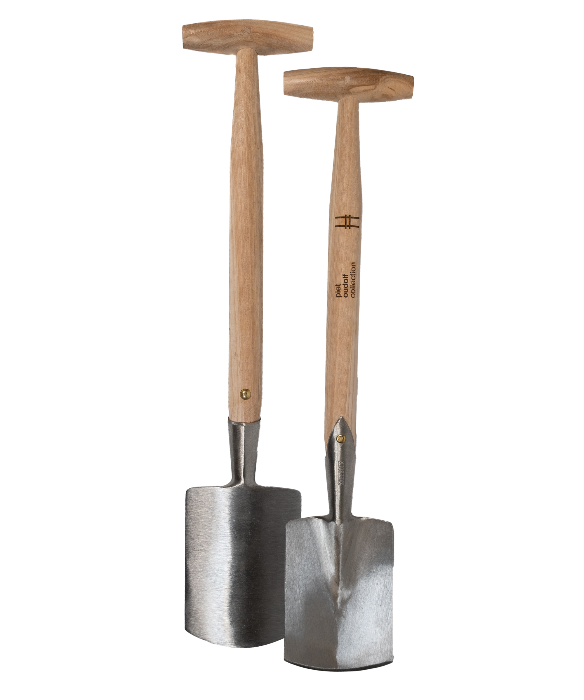 Sneeboer Handspade, featuring an embossed handle that reads "Piet Oudolf collection" and features the High Line railroad-track "H" icon. Shown front and back.
