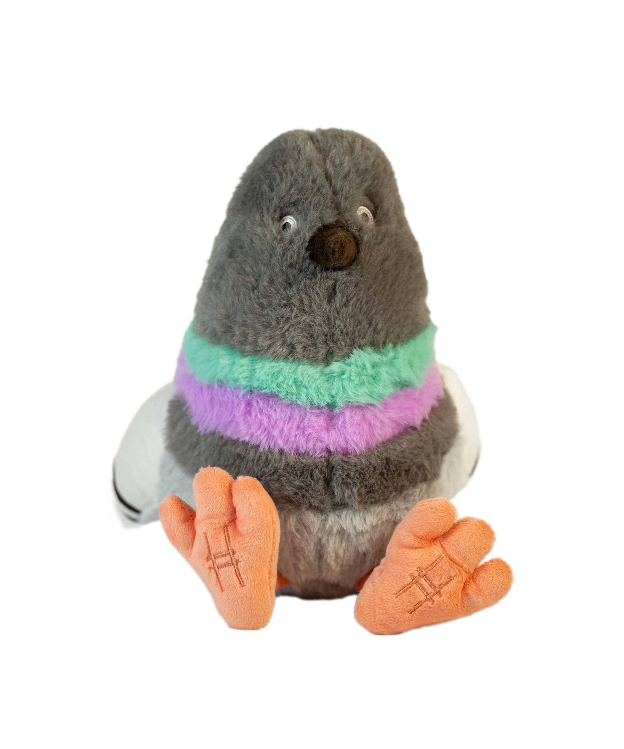 Dinosaur Pigeon Plush toy—small stuffed pigeon with High Line icons embroidered on the bottom of each foot.