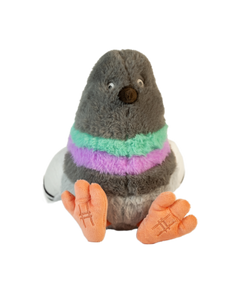 Dinosaur Pigeon Plush toy—small stuffed pigeon with High Line icons embroidered on the bottom of each foot.