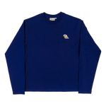 Pigeon Pocket Tee in Navy. A deep, saturated blue long-sleeve tee with a pocket on the left chest. An embroidered pigeon head peeks out of the pocket. On the right chest is a small embroidered High Line icon, a rail-road track inspired "H," in monochromatic thread. 