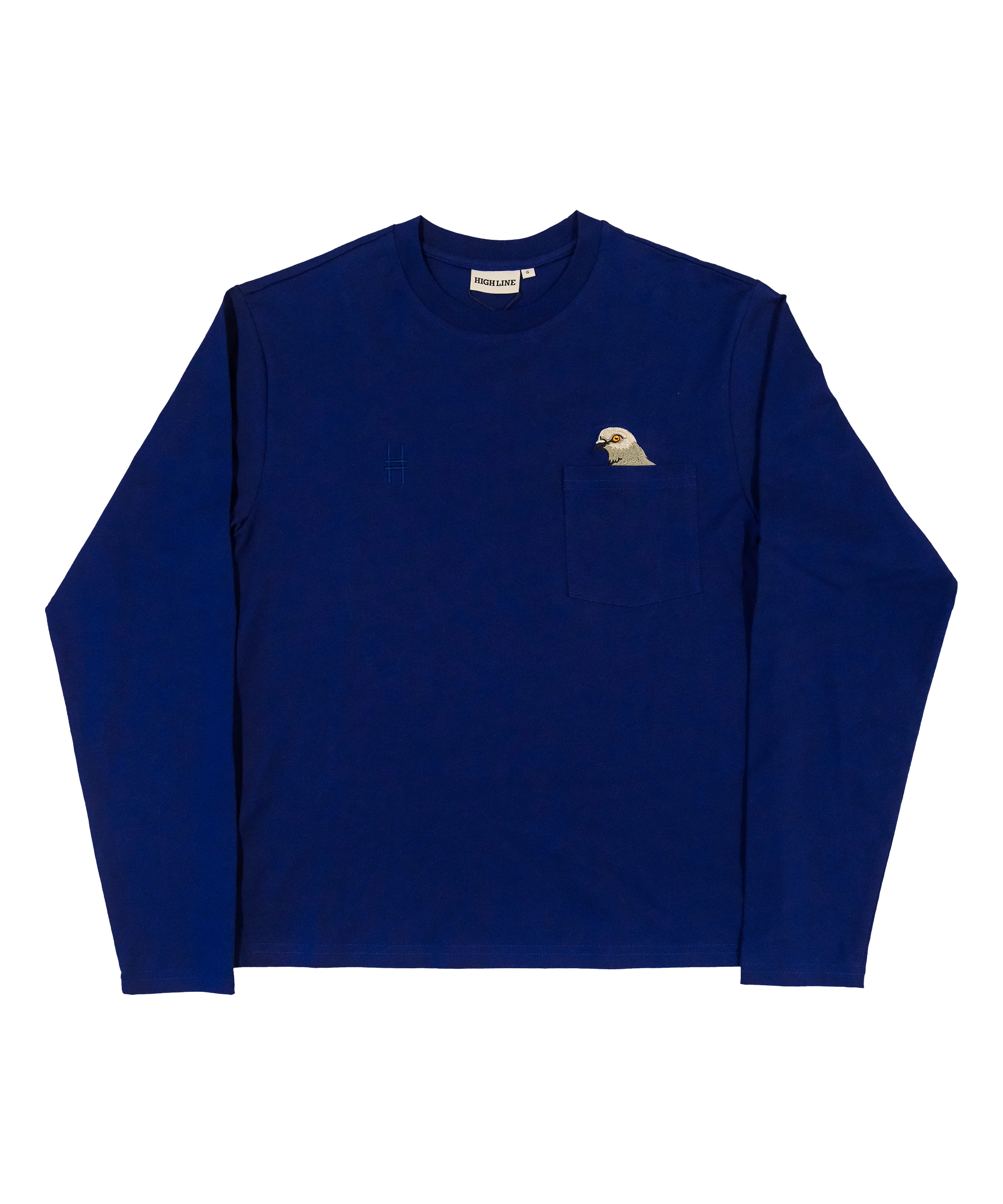 Pigeon Pocket Tee in Navy. A deep, saturated blue long-sleeve tee with a pocket on the left chest. An embroidered pigeon head peeks out of the pocket. On the right chest is a small embroidered High Line icon, a rail-road track inspired "H," in monochromatic thread. 