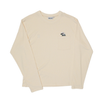 Pigeon Pocket Tee in River Birch. A natural, off-white long-sleeve tee with a pocket on the left chest. An embroidered pigeon head peeks out of the pocket. On the right chest is a small embroidered High Line icon, a rail-road track inspired "H," in monochromatic thread. 
