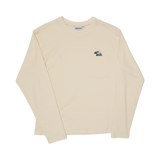 Pigeon Pocket Tee in River Birch. A natural, off-white long-sleeve tee with a pocket on the left chest. An embroidered pigeon head peeks out of the pocket. On the right chest is a small embroidered High Line icon, a rail-road track inspired "H," in monochromatic thread. 