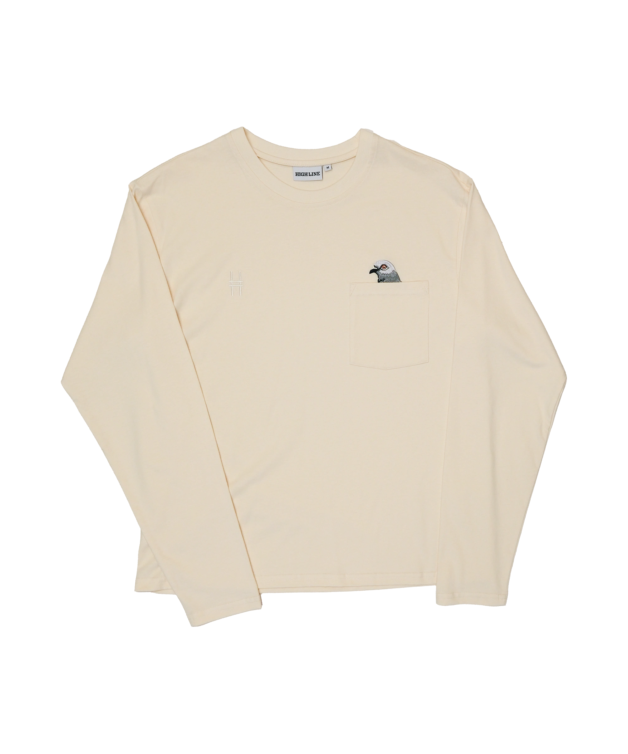 Pigeon Pocket Tee in River Birch. A natural, off-white long-sleeve tee with a pocket on the left chest. An embroidered pigeon head peeks out of the pocket. On the right chest is a small embroidered High Line icon, a rail-road track inspired "H," in monochromatic thread. 