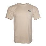 Pigeon Pocket tee—a beige-cream t-shirt with chest pocket featuring a small embroidered pigeon head poking out of it. On the other chest is a small High Line icon embroidered in monochromatic matching thread.