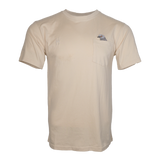 Pigeon Pocket tee—a beige-cream t-shirt with chest pocket featuring a small embroidered pigeon head poking out of it. On the other chest is a small High Line icon embroidered in monochromatic matching thread.