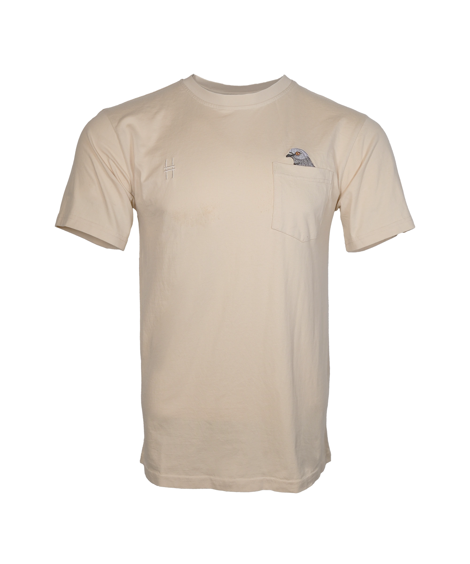 Pigeon Pocket tee—a beige-cream t-shirt with chest pocket featuring a small embroidered pigeon head poking out of it. On the other chest is a small High Line icon embroidered in monochromatic matching thread.