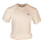 Pigeon Pocket tee—cream t-shirt with chest pocket featuring a small embroidered pigeon head poking out of it. On the other chest is a small High Line icon embroidered in monochromatic matching thread.
