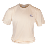 Pigeon Pocket tee—cream t-shirt with chest pocket featuring a small embroidered pigeon head poking out of it. On the other chest is a small High Line icon embroidered in monochromatic matching thread.