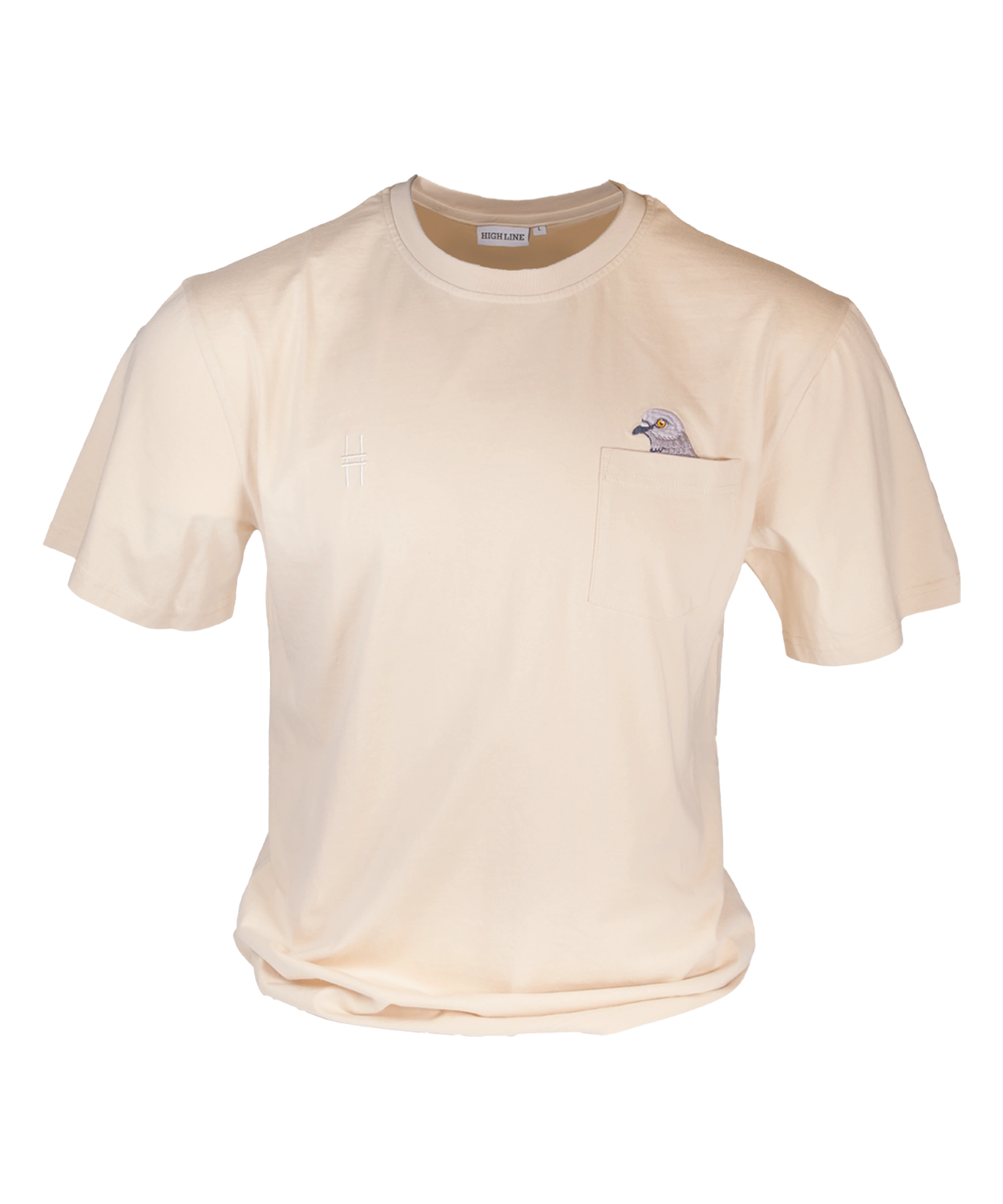 Pigeon Pocket tee—cream t-shirt with chest pocket featuring a small embroidered pigeon head poking out of it. On the other chest is a small High Line icon embroidered in monochromatic matching thread.