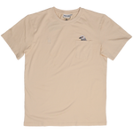 Pigeon Pocket tee—cream t-shirt with chest pocket featuring a small embroidered pigeon head poking out of it. On the other chest is a small High Line icon embroidered in monochromatic matching thread, laid flat.