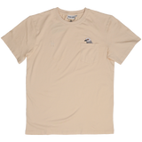 Pigeon Pocket tee—cream t-shirt with chest pocket featuring a small embroidered pigeon head poking out of it. On the other chest is a small High Line icon embroidered in monochromatic matching thread, laid flat.