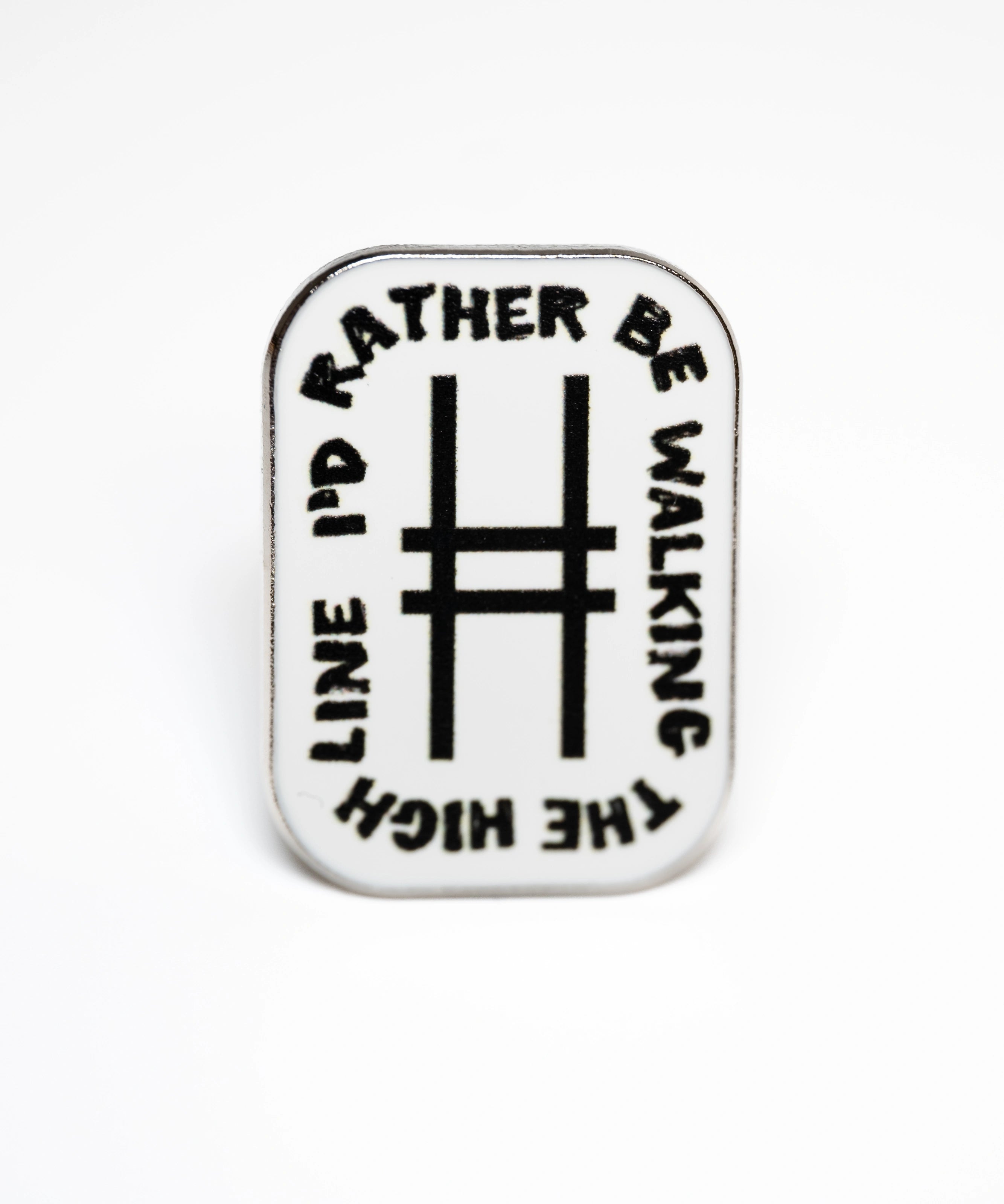 White enamel rectangular pin with rounded edges. At the center is the High Line icon, with the text "I'd rather be walking the High Line" wrapping around the border. Pin shown against a white background.