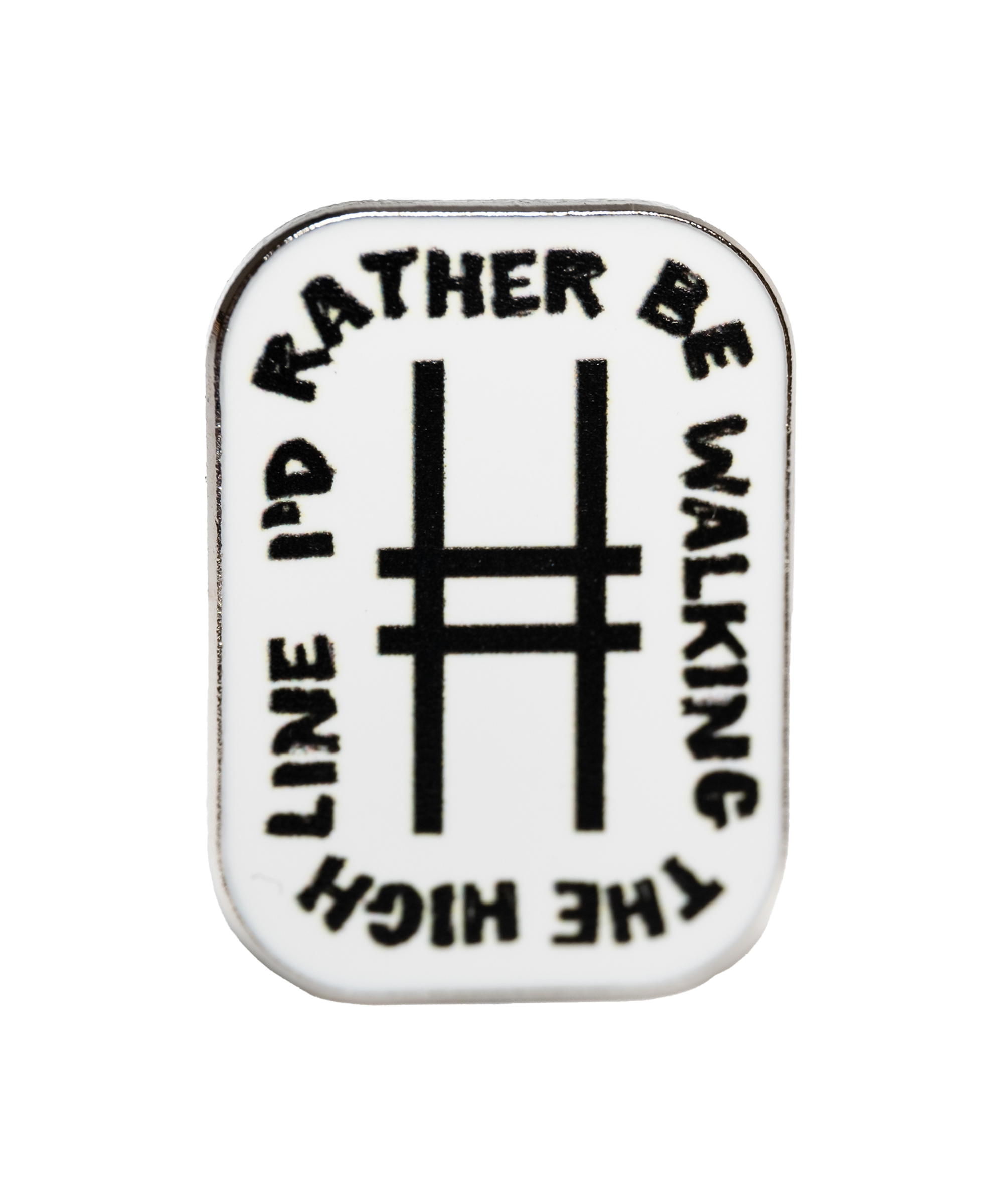 White enamel rectangular pin with rounded edges. At the center is the High Line icon, with the text "I'd rather be walking the High Line" wrapping around the border.