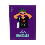 The Sightseer acrylic magnet, featuring a tourist wearing an "I <3 NY" shirt, statue of liberty crown and holding binoculars against a purple background.