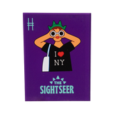 The Sightseer acrylic magnet, featuring a tourist wearing an "I <3 NY" shirt, statue of liberty crown and holding binoculars against a purple background.