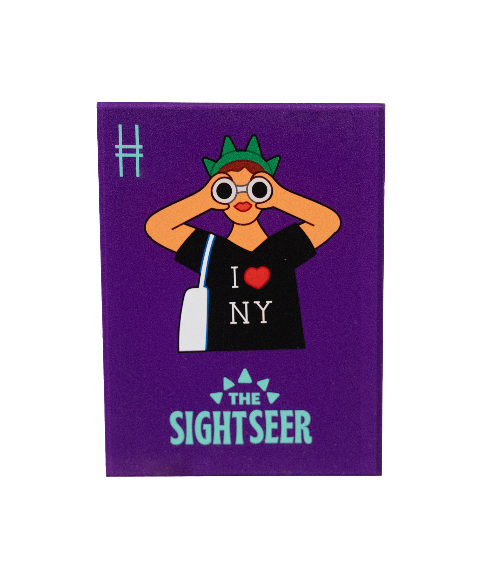 The Sightseer acrylic magnet, featuring a tourist wearing an "I <3 NY" shirt, statue of liberty crown and holding binoculars against a purple background.