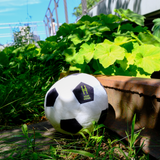 Stuffed soccer ball plush against the rail tracks on the High Line.