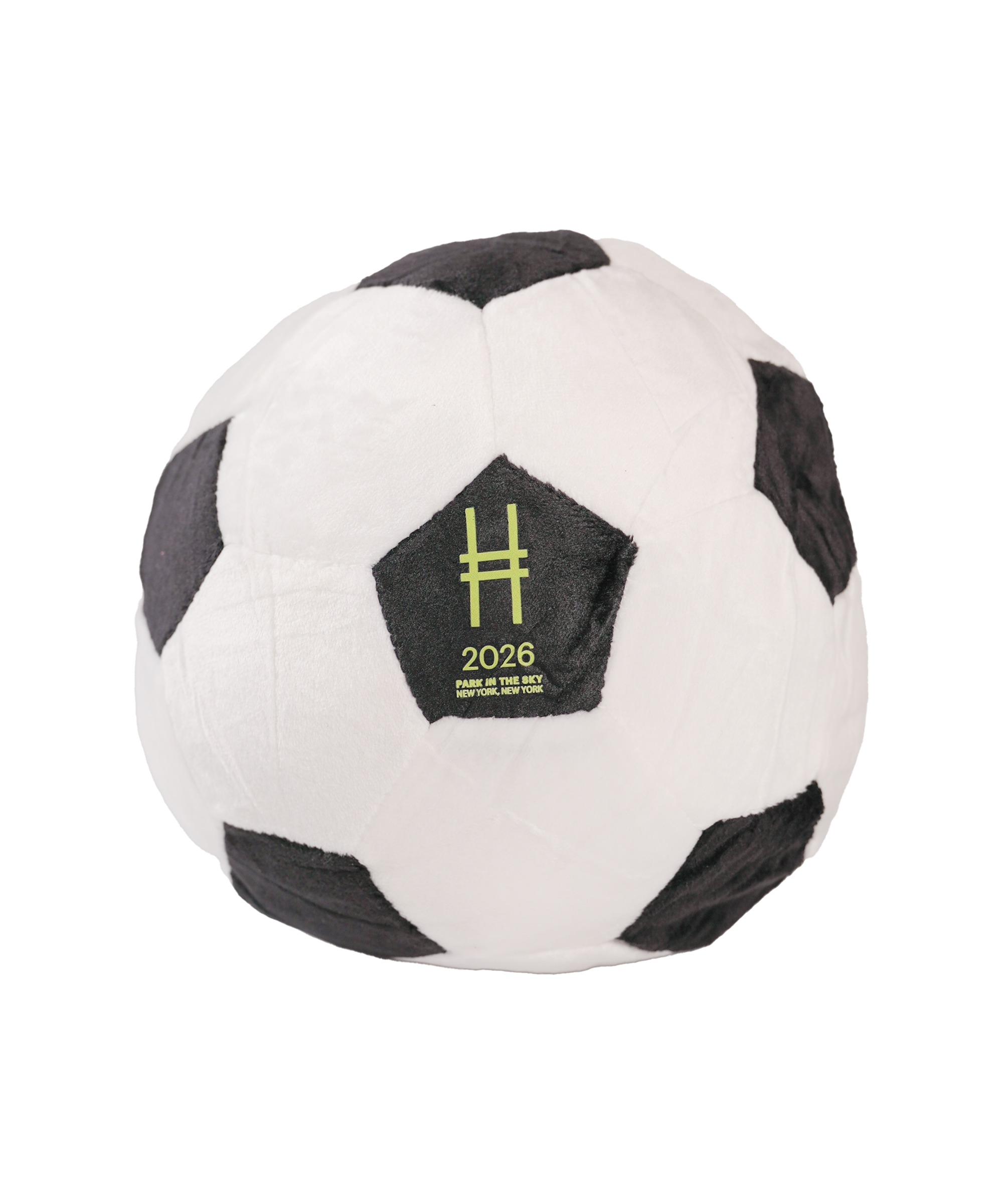 Stuffed soccer ball plush with High Line icon and 2026 on it.