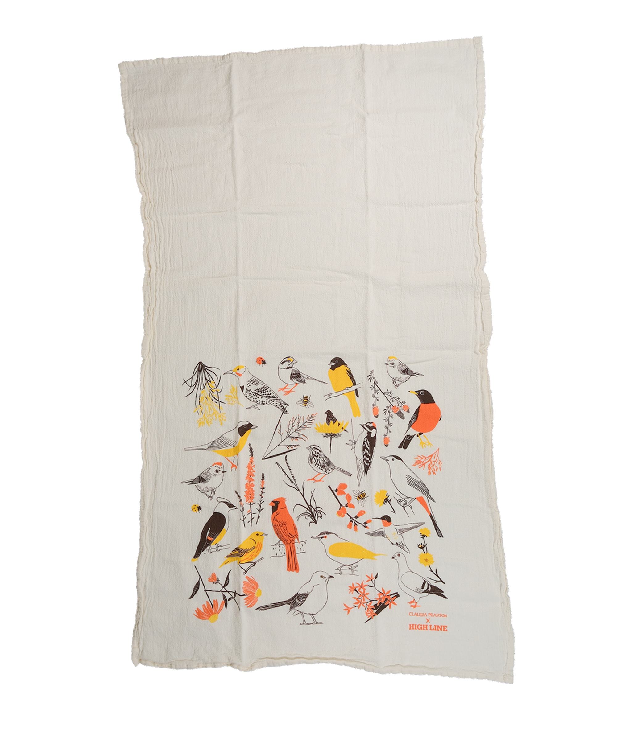 Claudia Pearson x High Line Washington Grassland tea towel, shown in full. The flour sack cotton tea towel is half covered in illustrations of birds and plants that populate the High Line in browns, yellows and oranges.