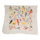 Claudia Pearson x High Line Washington Grassland tea towel, folded in half. The flour sack cotton tea towel is covered in illustrations of birds and plants that populate the High Line in browns, yellows and oranges.