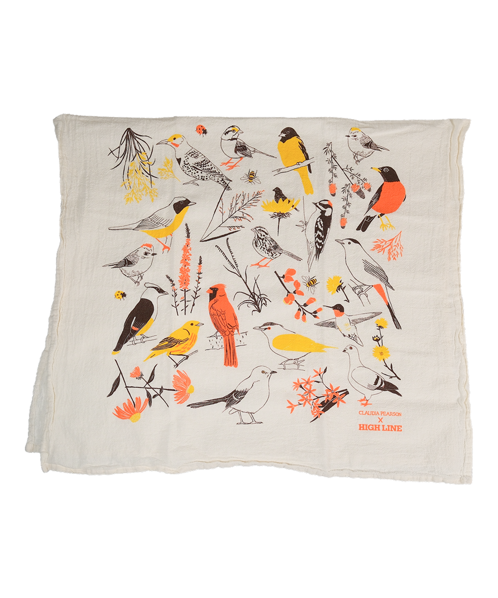 Claudia Pearson x High Line Washington Grassland tea towel, folded in half. The flour sack cotton tea towel is covered in illustrations of birds and plants that populate the High Line in browns, yellows and oranges.