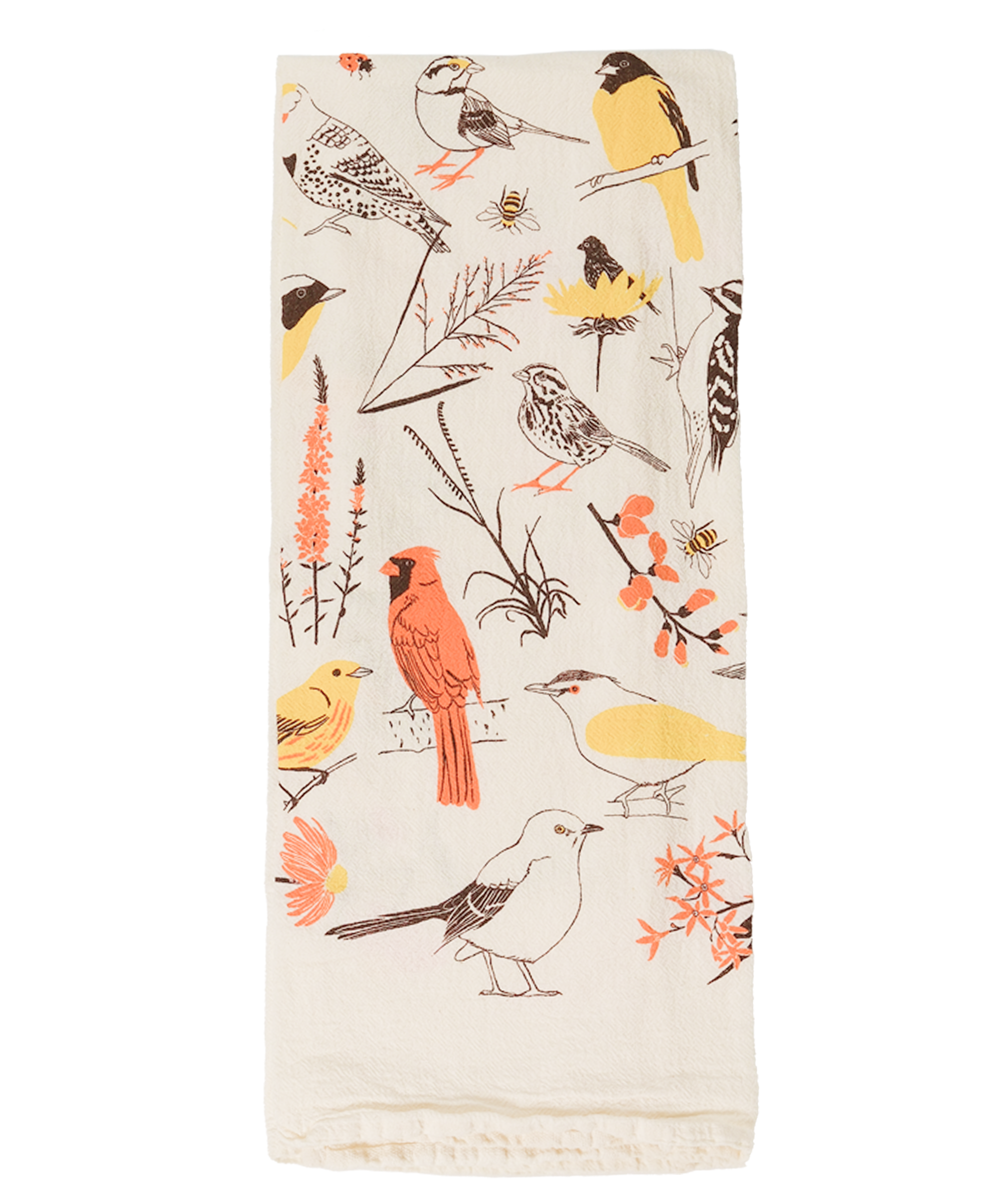 Claudia Pearson x High Line Washington Grassland tea towel, folded in sixths. The flour sack cotton tea towel is covered in illustrations of birds and plants that populate the High Line in browns, yellows and oranges.