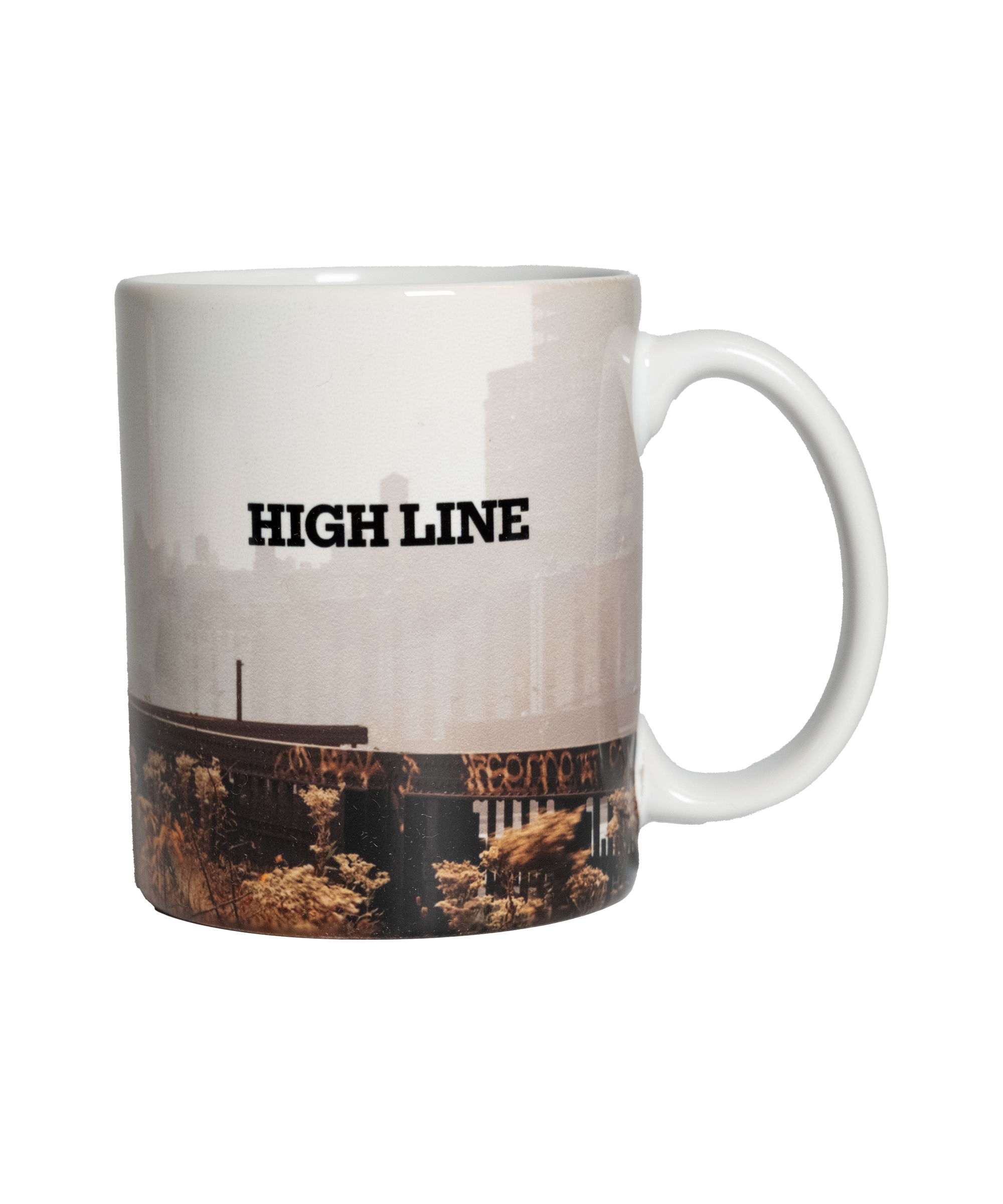 Wild in the 90s Mug, back. Full mug is wrapped in a Joel Sternfeld image of the High Line, with the High Line wordmark on one side.