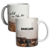 Wild in the 90s Mug, front and back. Full mug is wrapped in a Joel Sternfeld image of the High Line, with the High Line wordmark on one side and "I was wild in the 90s" on the other.
