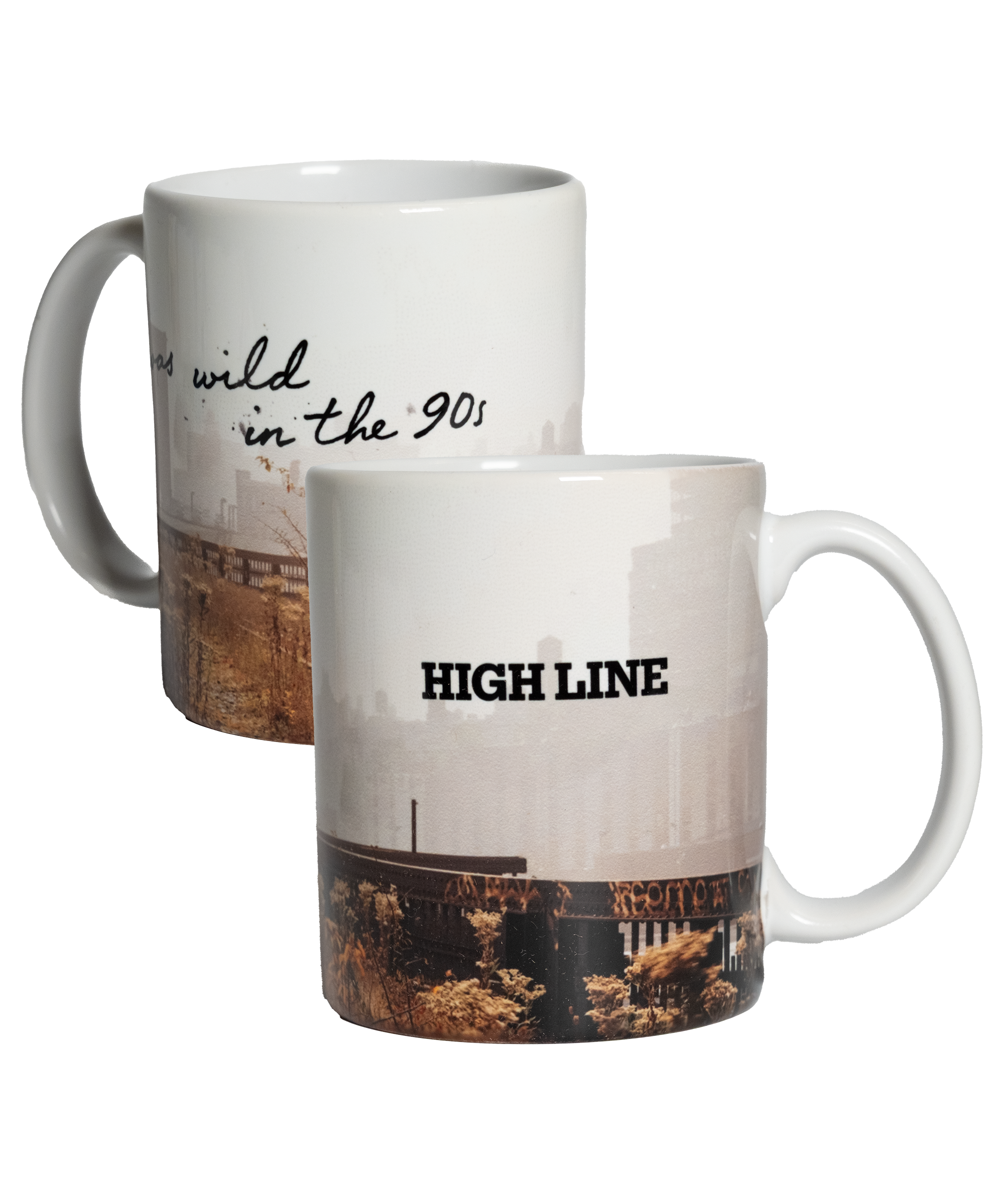 Wild in the 90s Mug, front and back. Full mug is wrapped in a Joel Sternfeld image of the High Line, with the High Line wordmark on one side and "I was wild in the 90s" on the other.