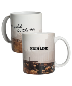 Wild in the 90s Mug, front and back. Full mug is wrapped in a Joel Sternfeld image of the High Line, with the High Line wordmark on one side and "I was wild in the 90s" on the other.