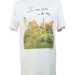 White T-shirt with one of Joel Sternfeld's iconic photos of the High Line with the phrase "I was wild in the 90s" in Sternfeld's handwriting.