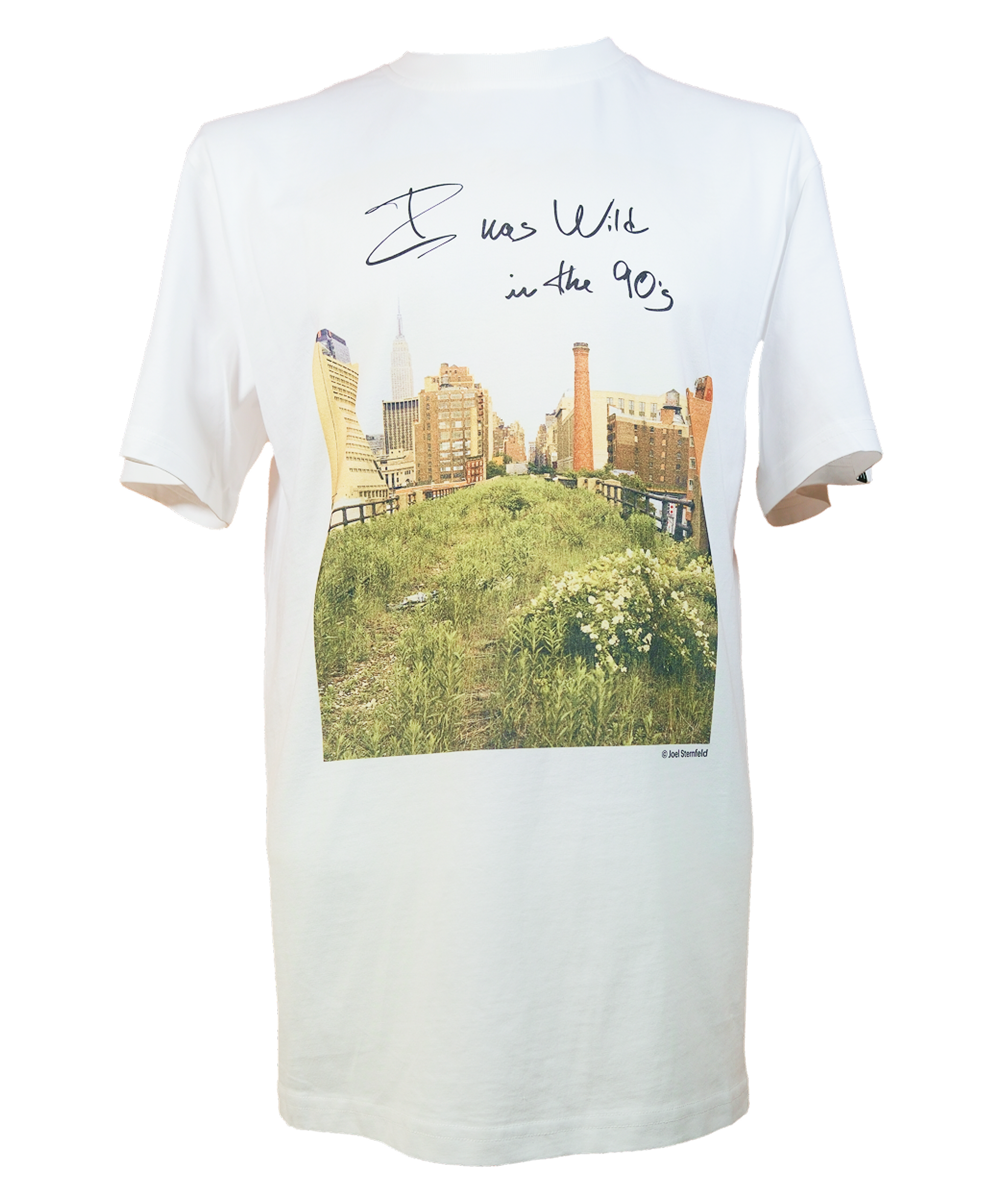 White T-shirt with one of Joel Sternfeld's iconic photos of the High Line with the phrase "I was wild in the 90s" in Sternfeld's handwriting.