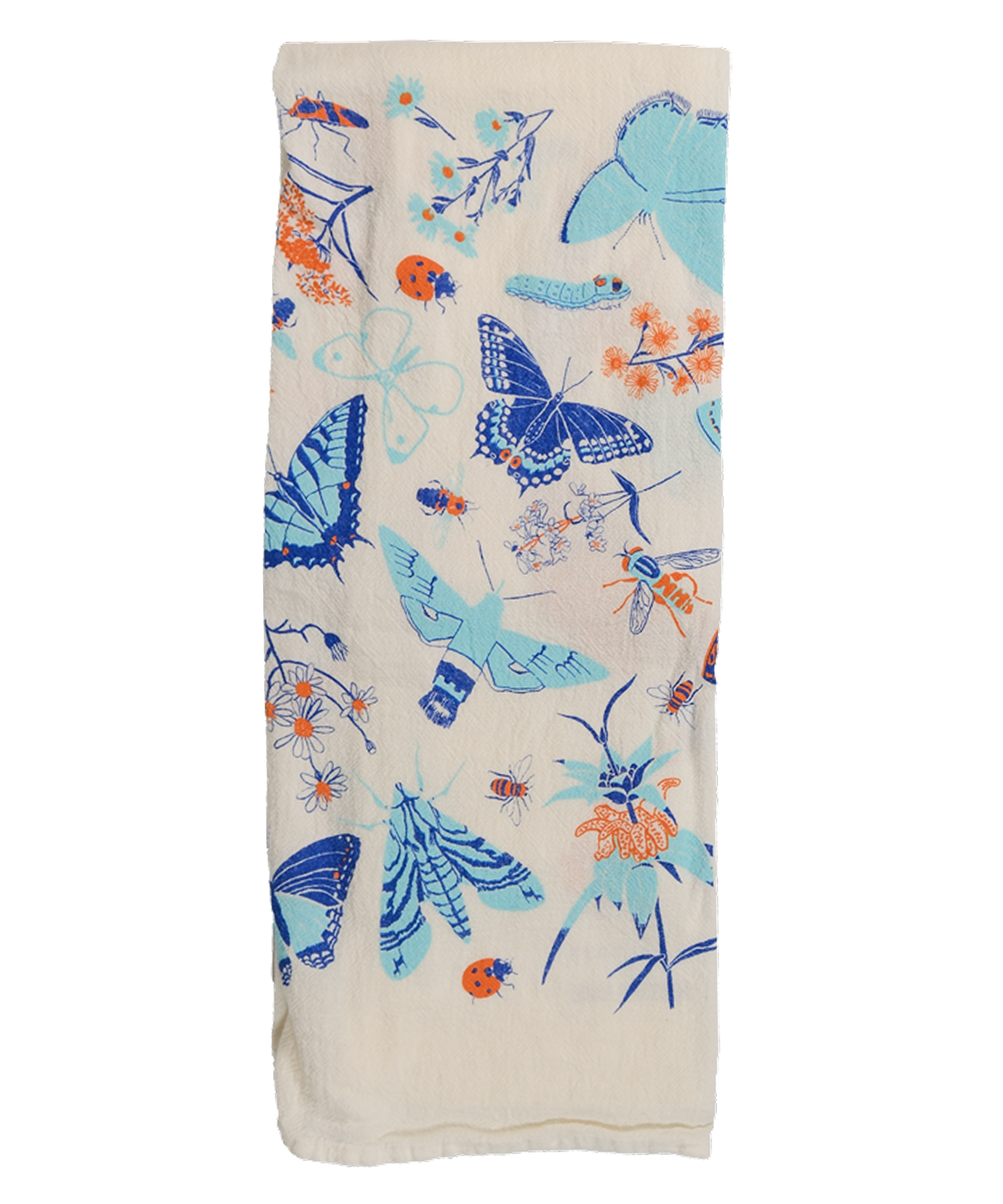 Claudia Pearson x High Line Wildflower Field tea towel, folded in sixths. The flour sack cotton tea towel is covered in illustrations of butterflies, ladybugs, moths, other insects and wildflowers in blues and oranges.