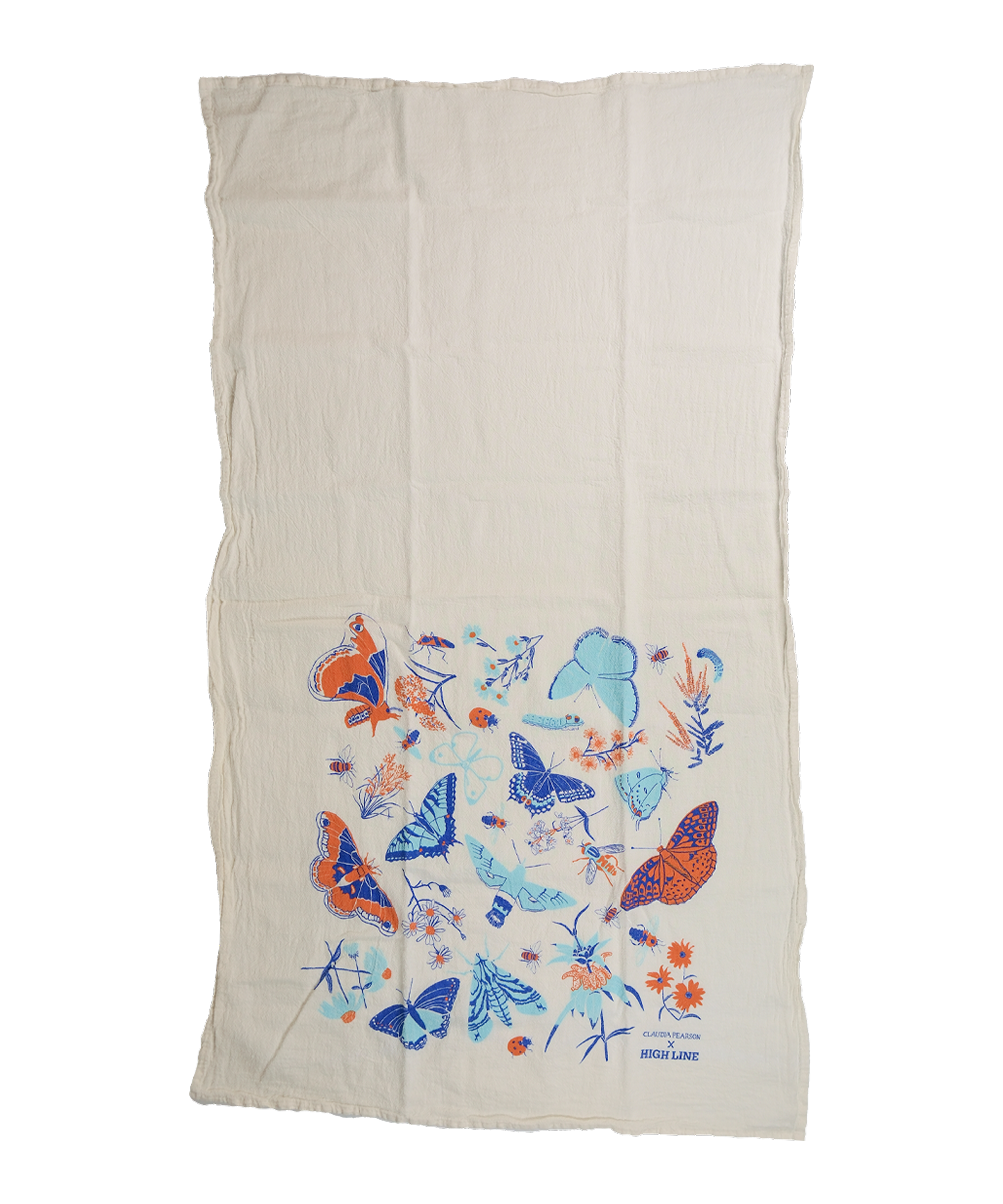 Claudia Pearson x High Line Wildflower Field tea towel, shown unfolded. The flour sack cotton tea towel is half covered in illustrations of butterflies, ladybugs, moths, other insects and wildflowers in blues and oranges.