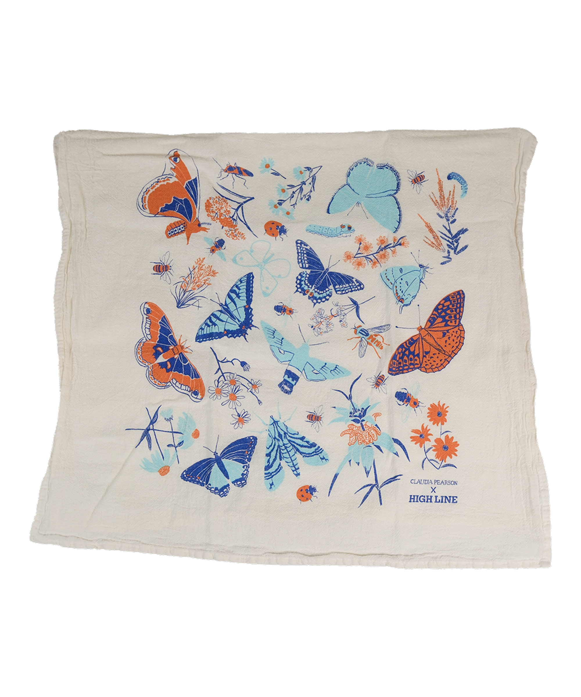 Claudia Pearson x High Line Wildflower Field tea towel, folded in half. The flour sack cotton tea towel is covered in illustrations of butterflies, ladybugs, moths, other insects and wildflowers in blues and oranges.